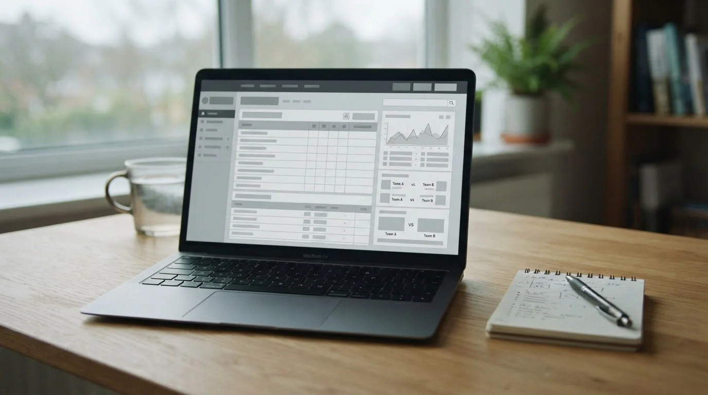 Laptop mit Sportwetten-Interface und kleiner Einzahlung auf aufgeräumtem Schreibtisch
