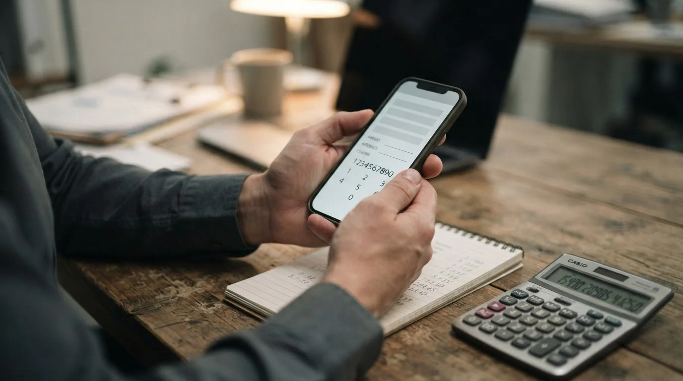 Hände tippen auf Smartphone mit Zahlungs-Interface während Taschenrechner und Notizen auf Tisch liegen