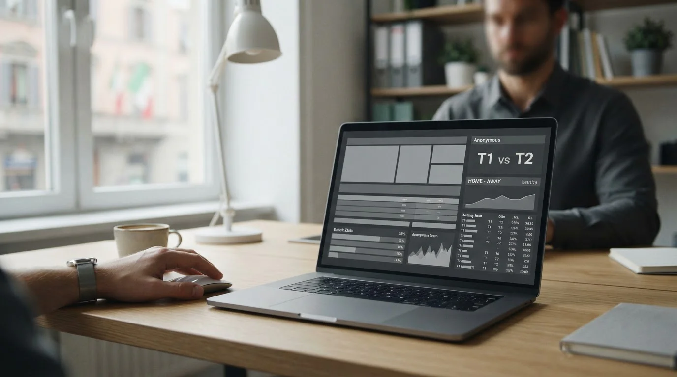 Notebook mit abstrakter Wettübersicht zur italienischen Serie A auf hellem Schreibtisch