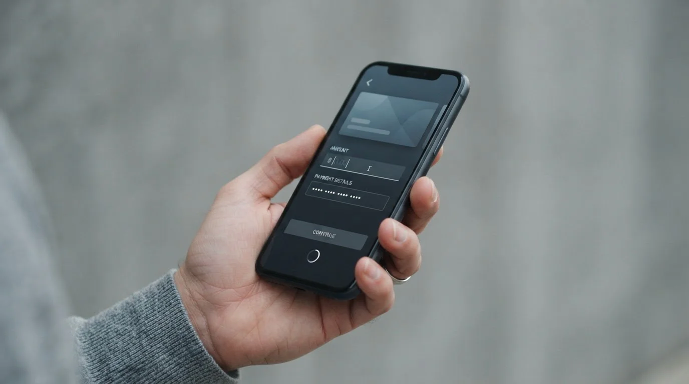 Neutraler Zahlungsvorgang auf Smartphone-Bildschirm mit abstrakten Formularfeldern