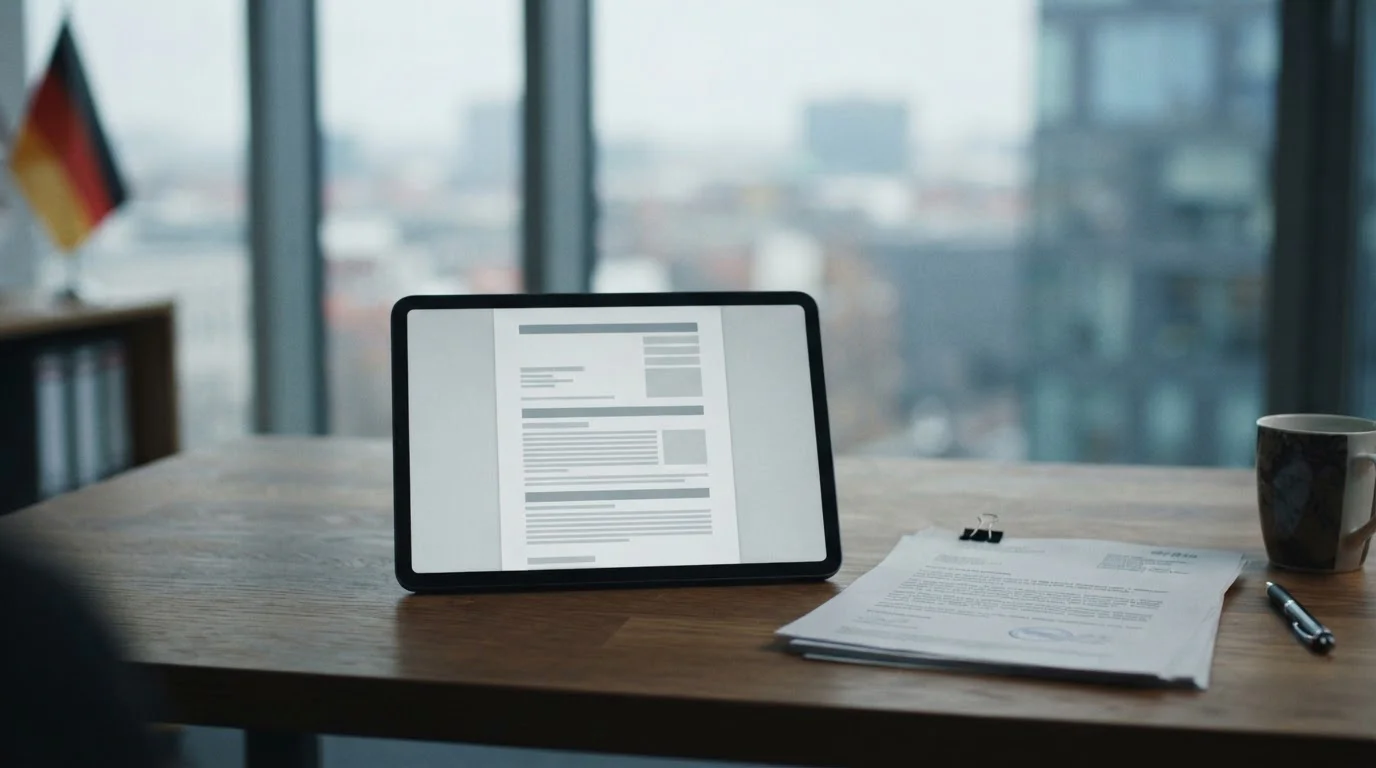 Offizielle Dokumente und Tablet mit Gesetzestexten symbolisieren deutsche Glücksspiel-Regulierung
