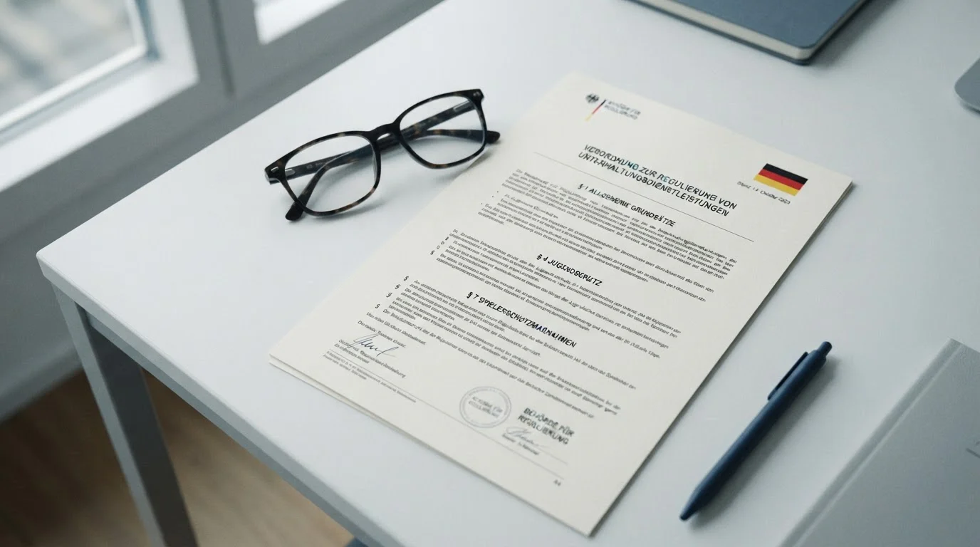 Dokument mit Paragraphenzeichen und deutsche Flagge symbolisieren rechtliche Rahmenbedingungen für Online-Wetten