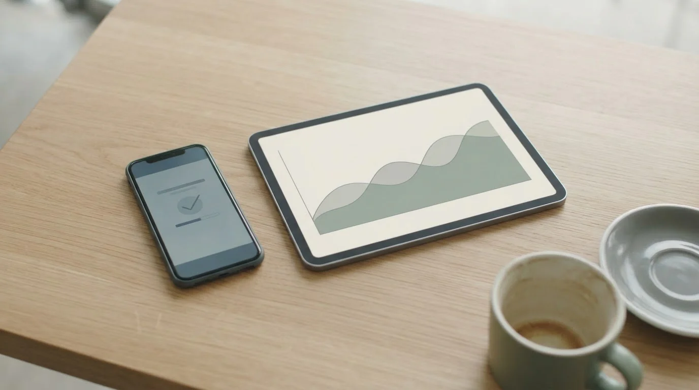 Smartphone mit Krypto-Transaktion und Kursverlauf auf Tablet daneben