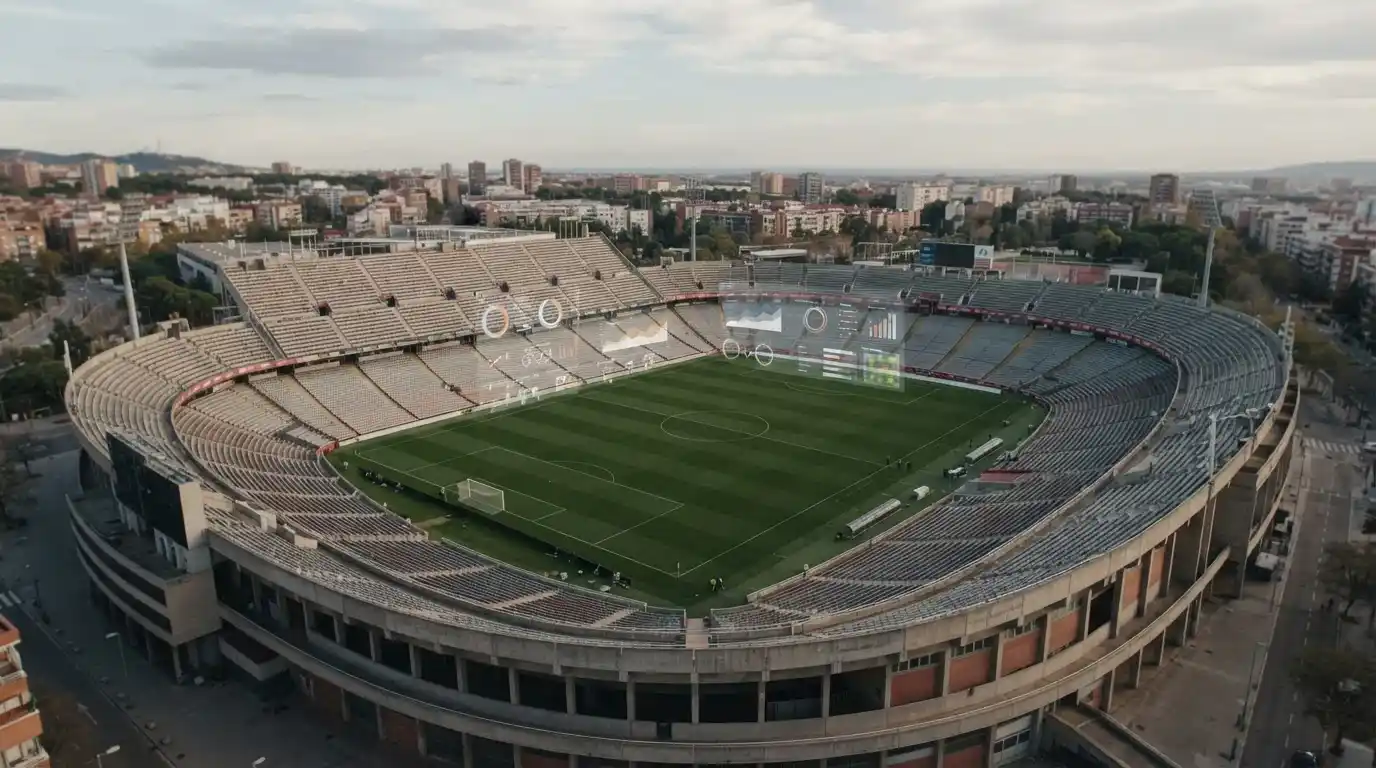 Spanisches Fußballstadion bei Tag mit Analyse-Overlay
