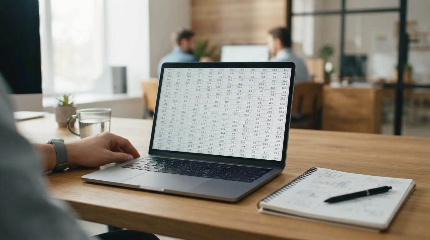 Spreadsheet mit Quotenvergleich und Margenberechnung auf Laptop-Monitor