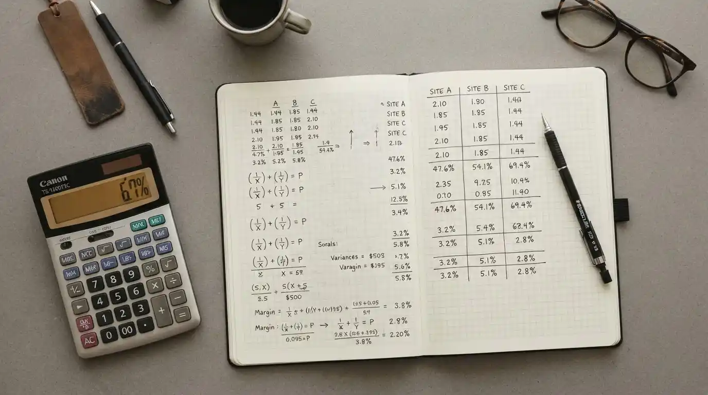 Taschenrechner und Notizen mit Prozentangaben verdeutlichen Quotenvergleich und Gewinnmargen