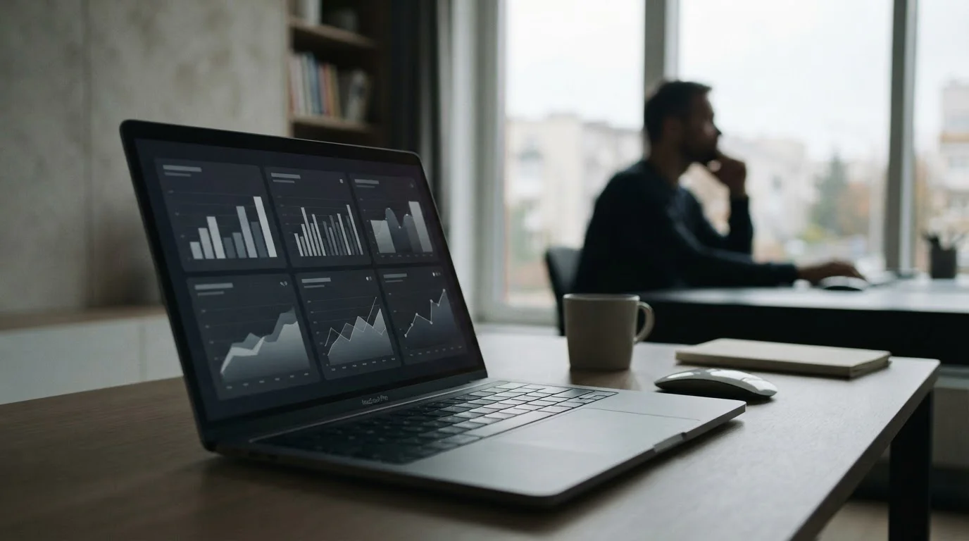 Abstrakte Darstellung von Bonitätsbewertung und Finanzübersicht auf Laptop-Bildschirm