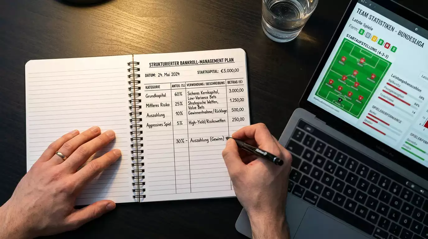 Notizbuch mit handschriftlichem Bankroll-Plan neben einem Laptop mit Fußballstatistiken