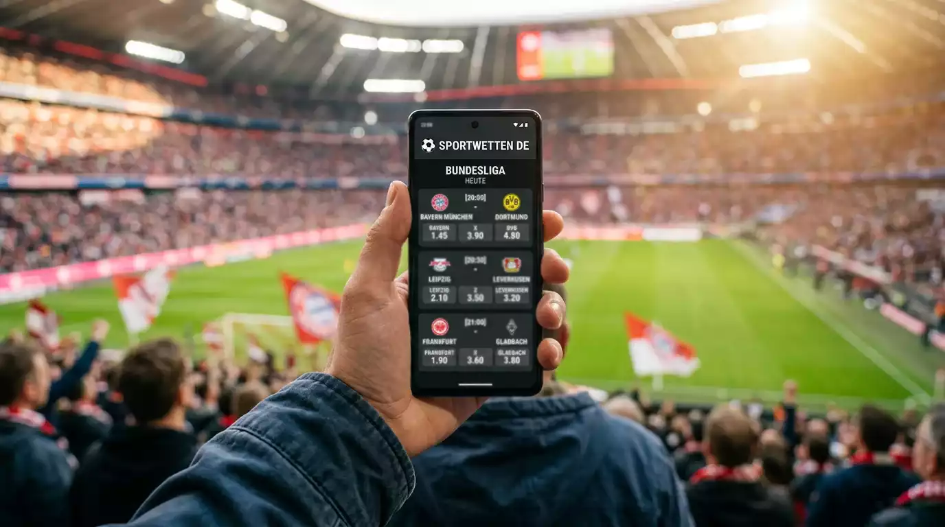 Smartphone mit Sportwetten-App in der Hand, Fußballstadion im Hintergrund unscharf