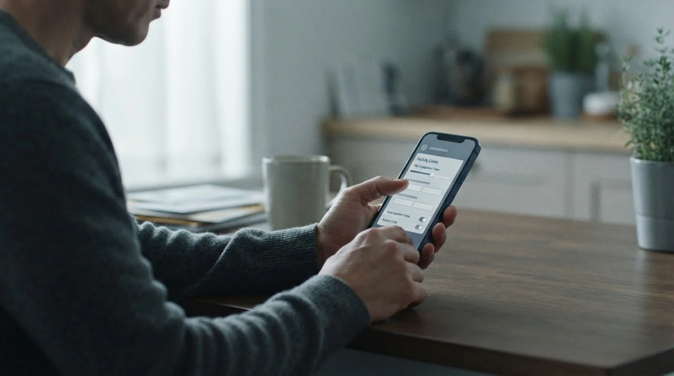 Person stellt Limits in neutraler App-Oberfläche ein, seriöse Atmosphäre
