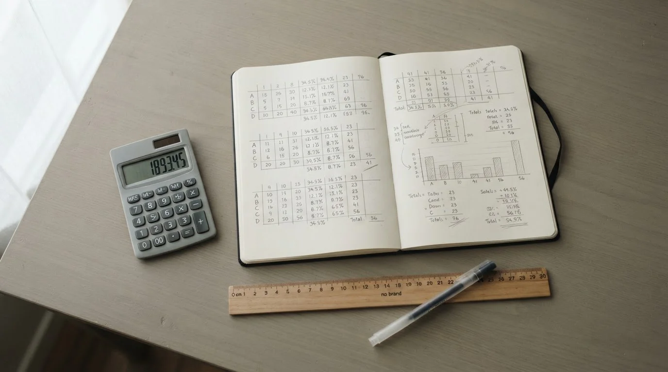 Taschenrechner und Notizbuch mit abstrakten Berechnungen auf Schreibtisch